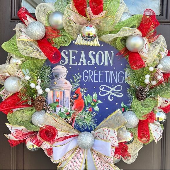 Christmas Deco Mesh Wreath red cardinal bird wreath - Picture 1 of 3